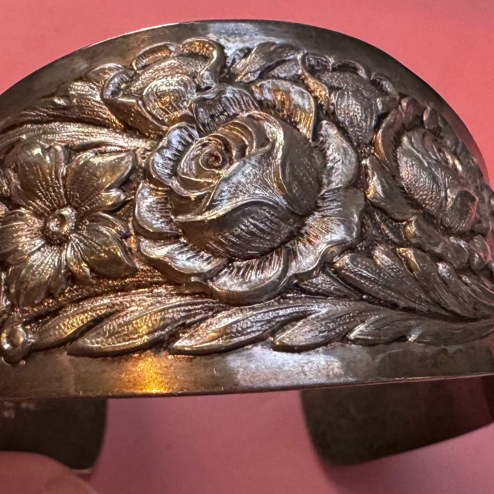 Antique Sterling Silver Repousse Rose Floral Cuff Bracelet By S. Kirk & Son 1660